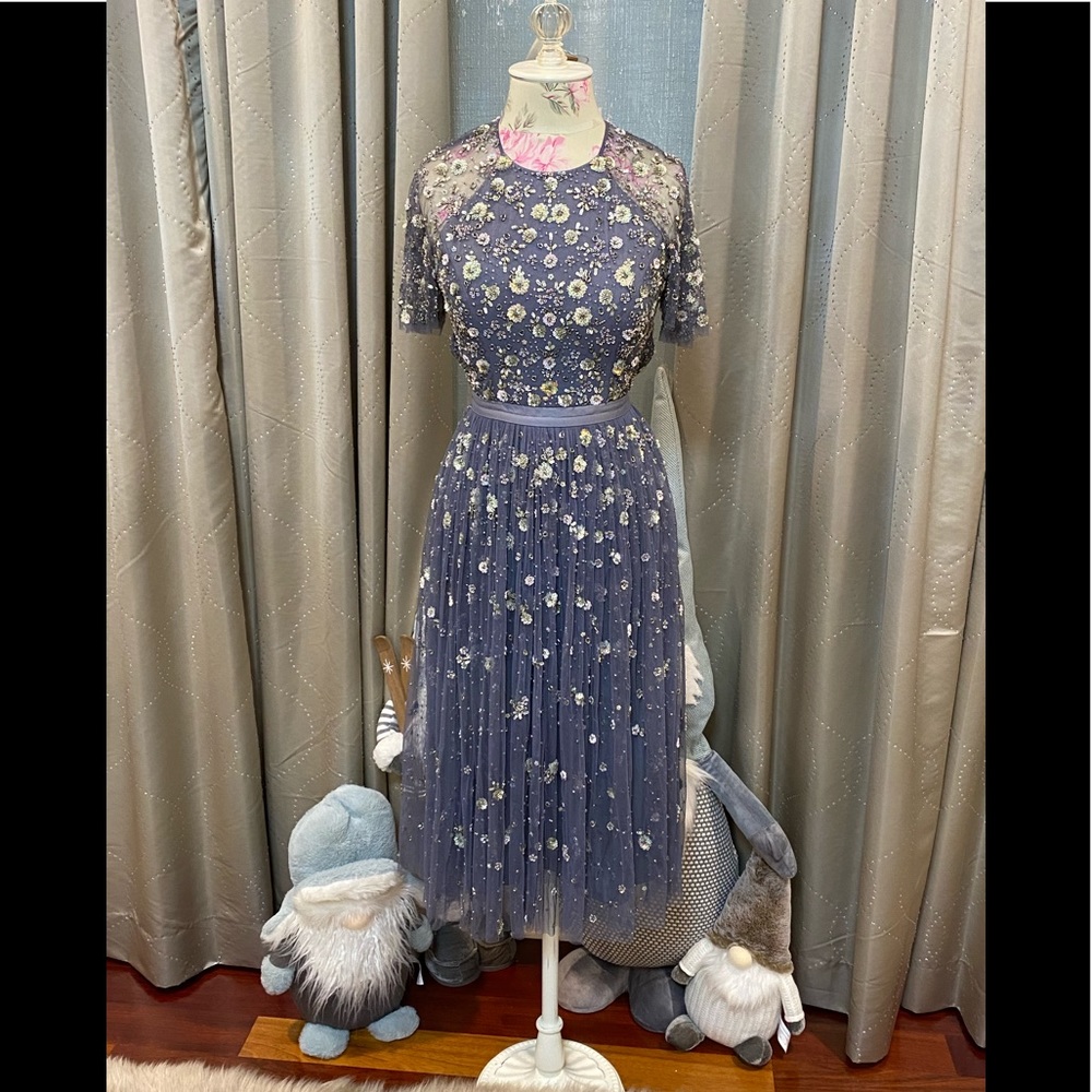 Needle & Thread Comet floral embellished open back midi dress. STYLE#211117202